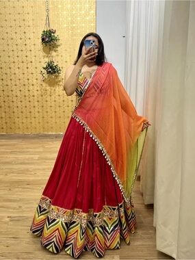 Vibrant Red & Multicolor Indian Lehenga with Orange Ombre Dupatta